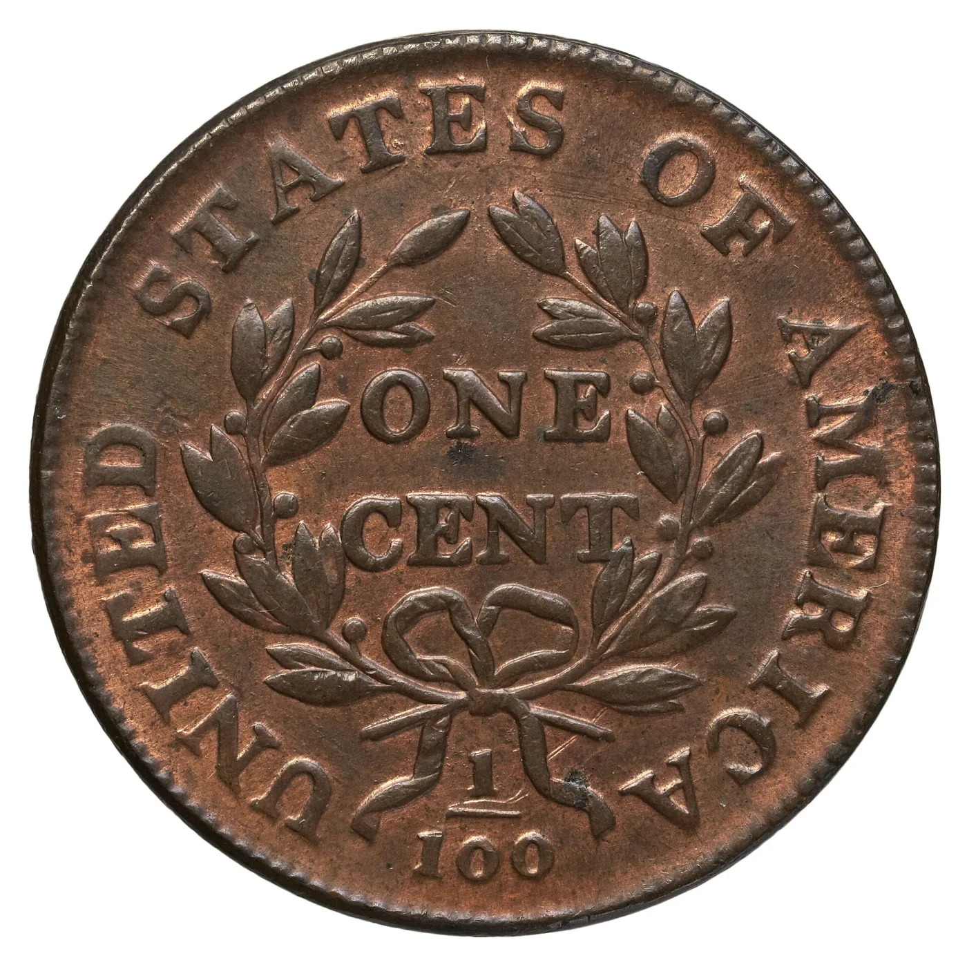 Reverse of the same 1800 large cent, sharply struck, showing ONE CENT in a wreath, two stems below the ribbon bow, the fraction 1/100 and a small green corrosion spot