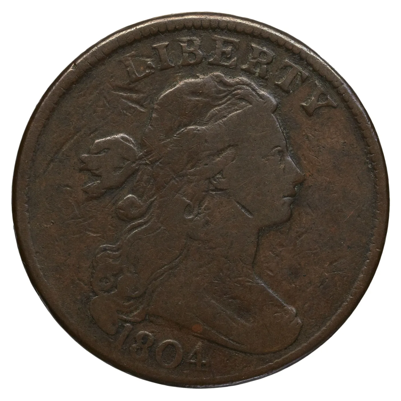 Obverse of a circulated 1804 Draped Bust large cent, LIBERTY above the portrait and the date 1804 legible below the bust