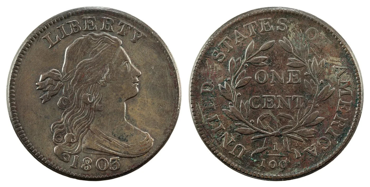 Obverse and reverse of an 1803 Draped Bust large cent side by side, Liberty facing right under an arched LIBERTY with the date below, and ONE CENT inside a wreath above the fraction 1/100