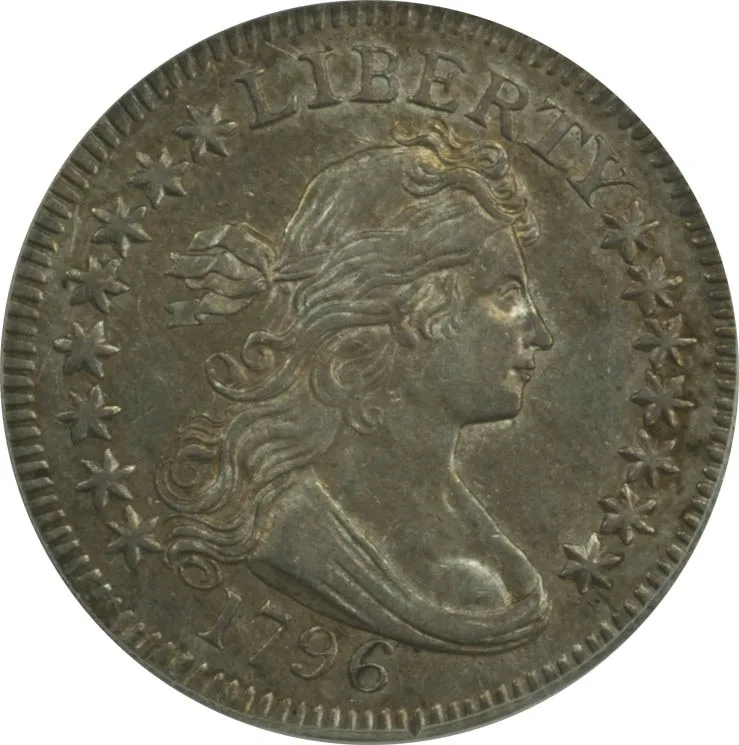Obverse of a 1796 Draped Bust quarter with the stars counted out around the portrait and the date 1796 below the bust