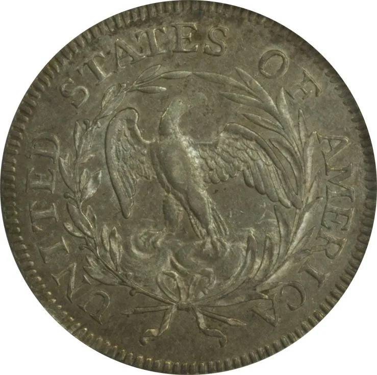 Small Eagle reverse of a 1796 Draped Bust quarter showing the dentilled rim and the open palm and olive wreath around the eagle