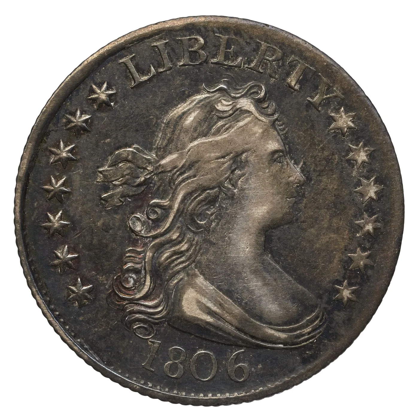 Obverse of an 1806 Draped Bust quarter showing thirteen stars around Liberty, seven left and six right, with the date 1806 below