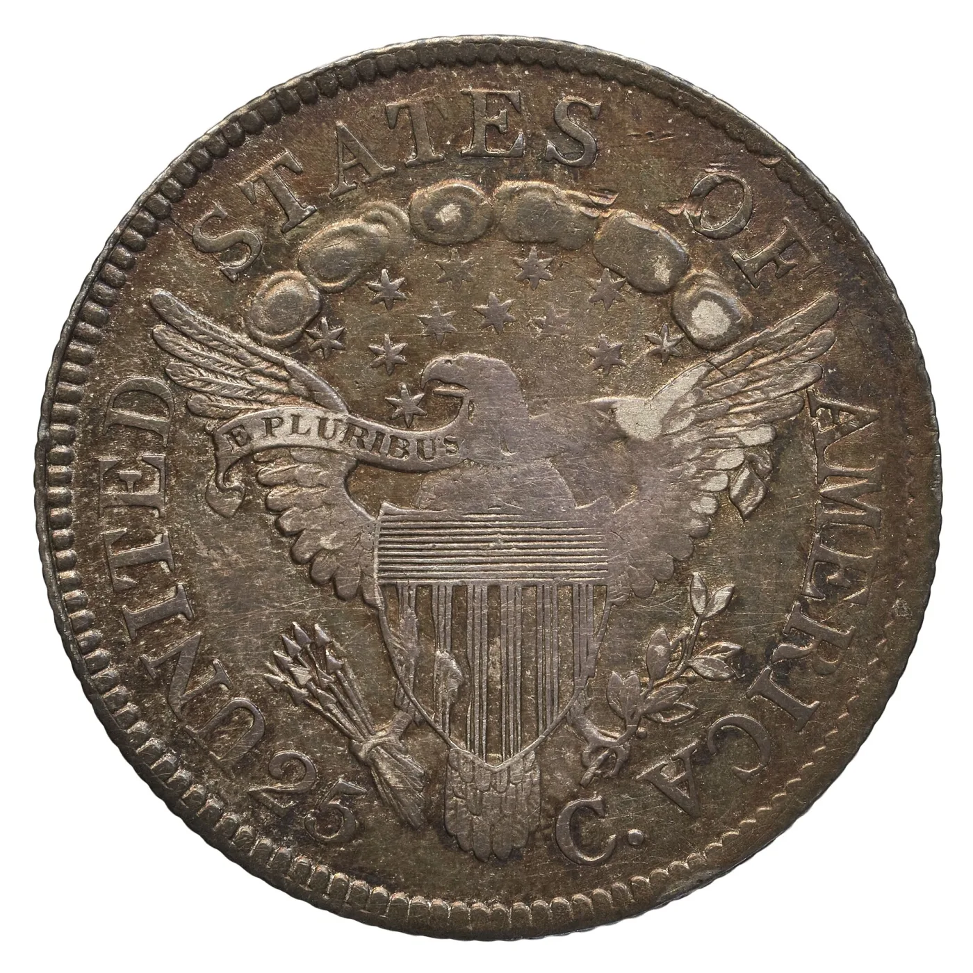 Heraldic Eagle reverse of an 1806 Draped Bust quarter showing the shield-breasted eagle, the E PLURIBUS UNUM ribbon and the denomination 25 C. below