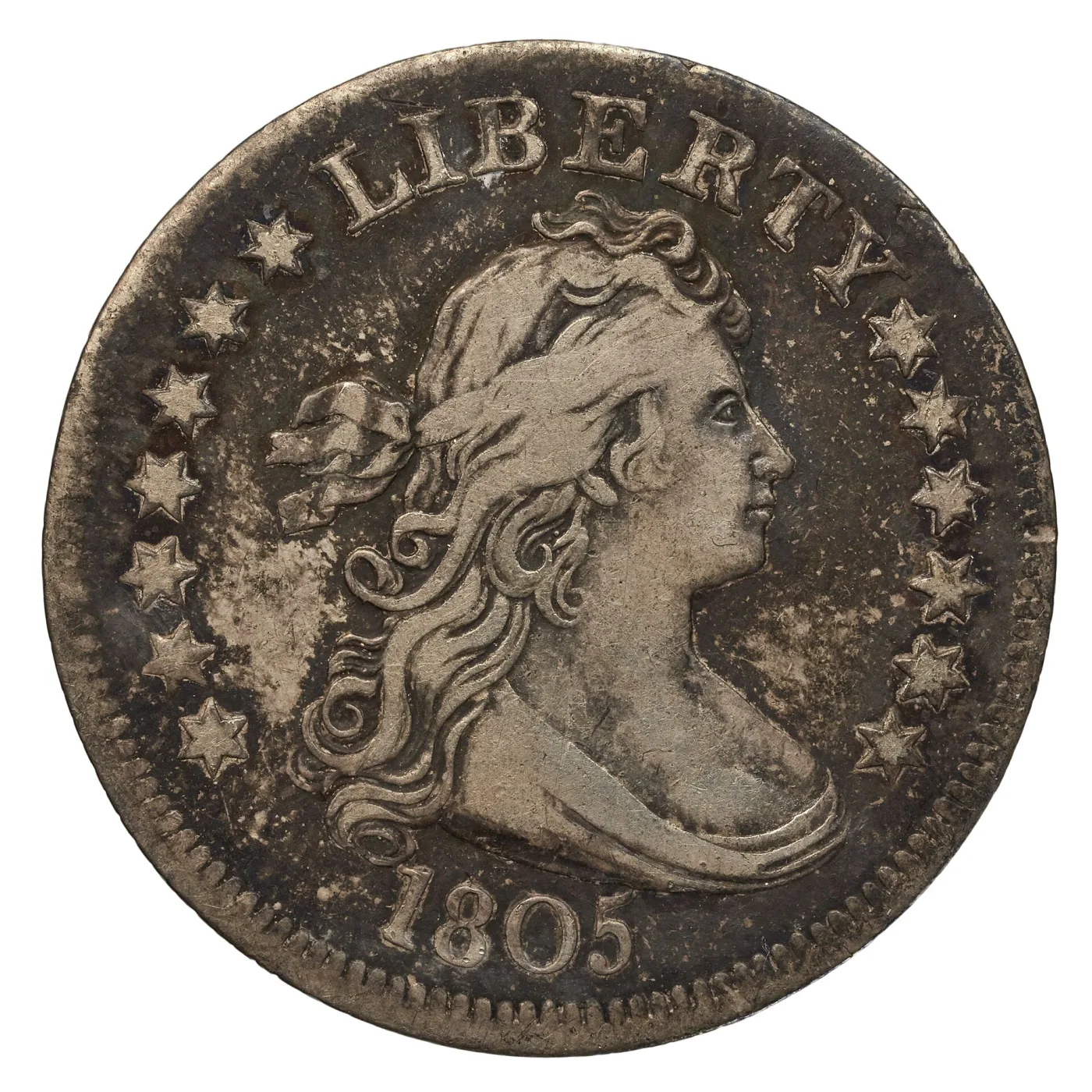 Obverse of an 1805 Draped Bust quarter with the drapery and hair detail flattened by wear and rough grey patches in the left field