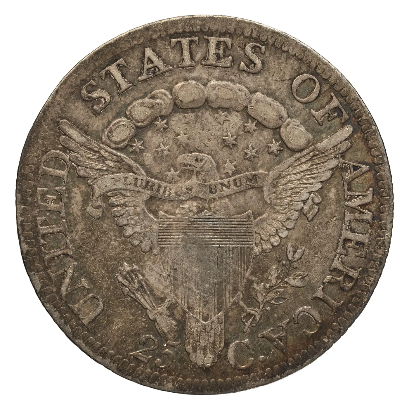 Heraldic Eagle reverse of an 1805 Draped Bust quarter with the E of E PLURIBUS UNUM worn away and the denomination 25 C. still clear