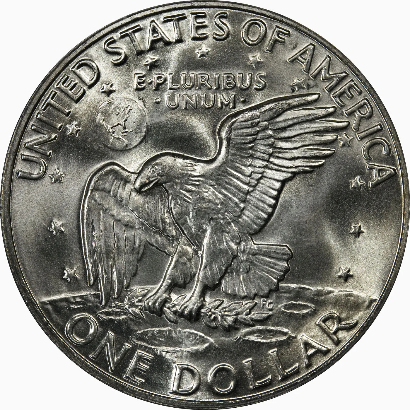 Reverse of a 1974-S Eisenhower dollar with an eagle landing on the lunar surface holding an olive branch, and a small disc of Earth above its head
