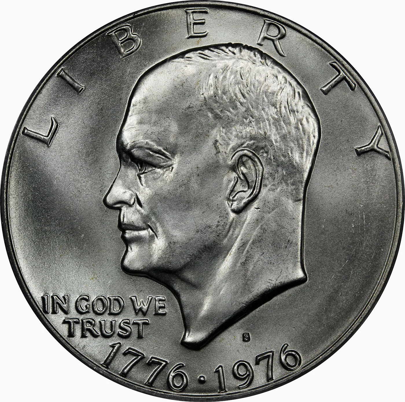 Obverse of a 1976-S Bicentennial Eisenhower dollar reading 1776 dot 1976 below the bust instead of a single year
