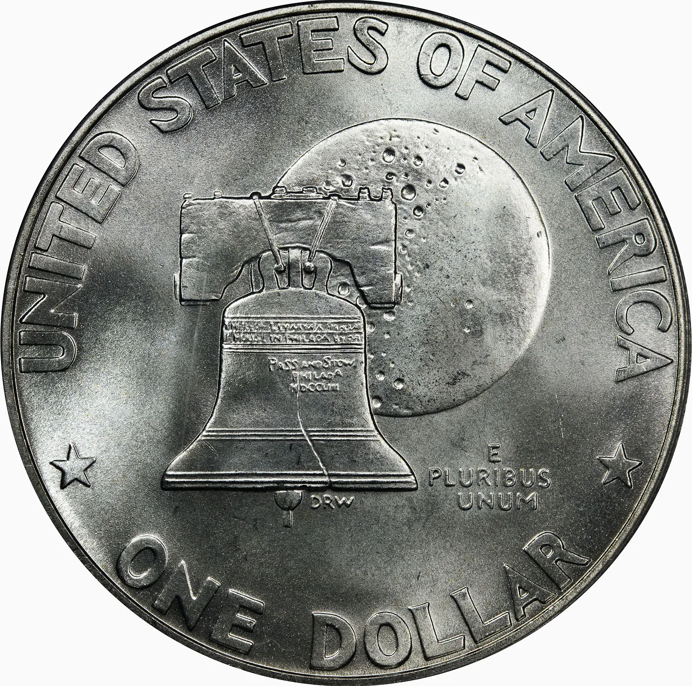 Type 1 Bicentennial reverse of a 1976-S Eisenhower dollar showing the Liberty Bell superimposed on the moon, with thick blocky lettering in UNITED STATES OF AMERICA