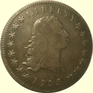 Obverse of a circulated 1795 Flowing Hair dollar with hair strands partly merged and star centres worn flat