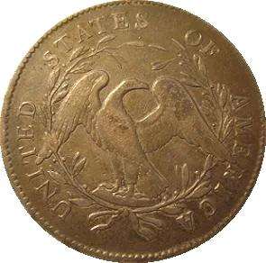 Reverse of the same circulated 1795 Flowing Hair dollar with the eagle's breast rubbed smooth and wreath leaves blended together