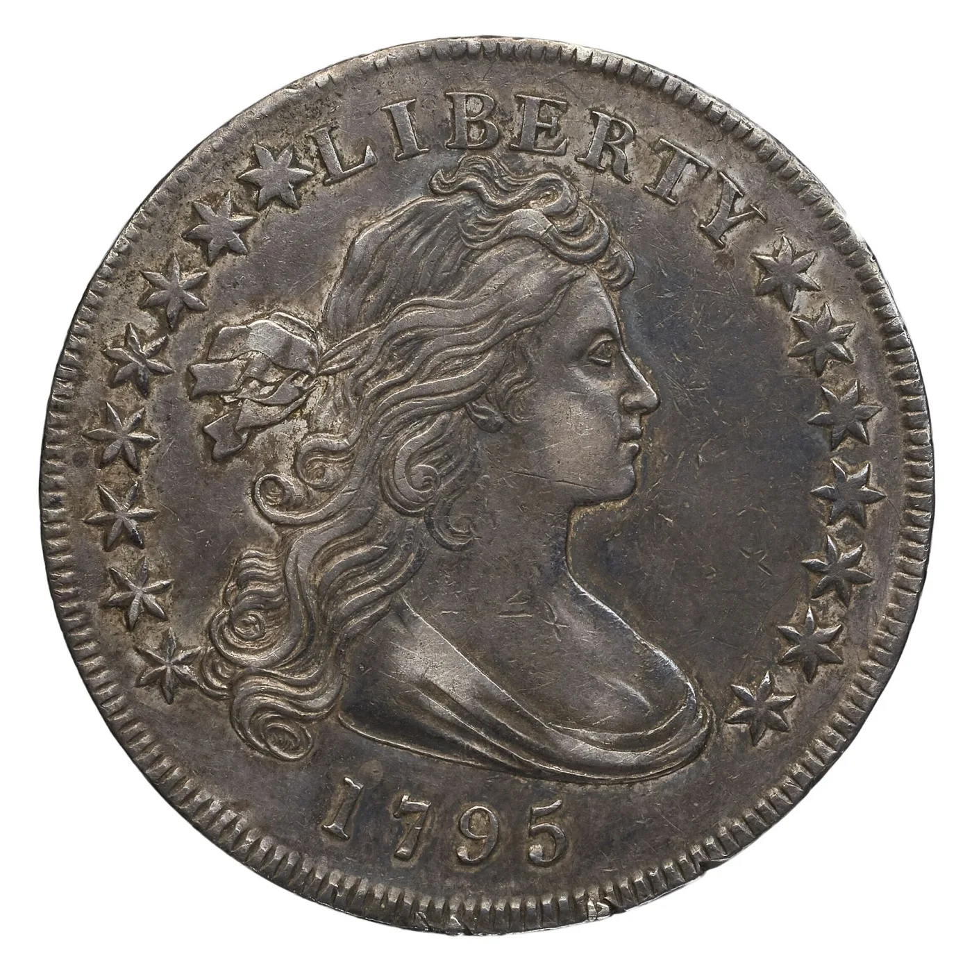 Obverse of a 1795 Flowing Hair dollar with LIBERTY above the portrait, fifteen stars in the field and the date below the bust