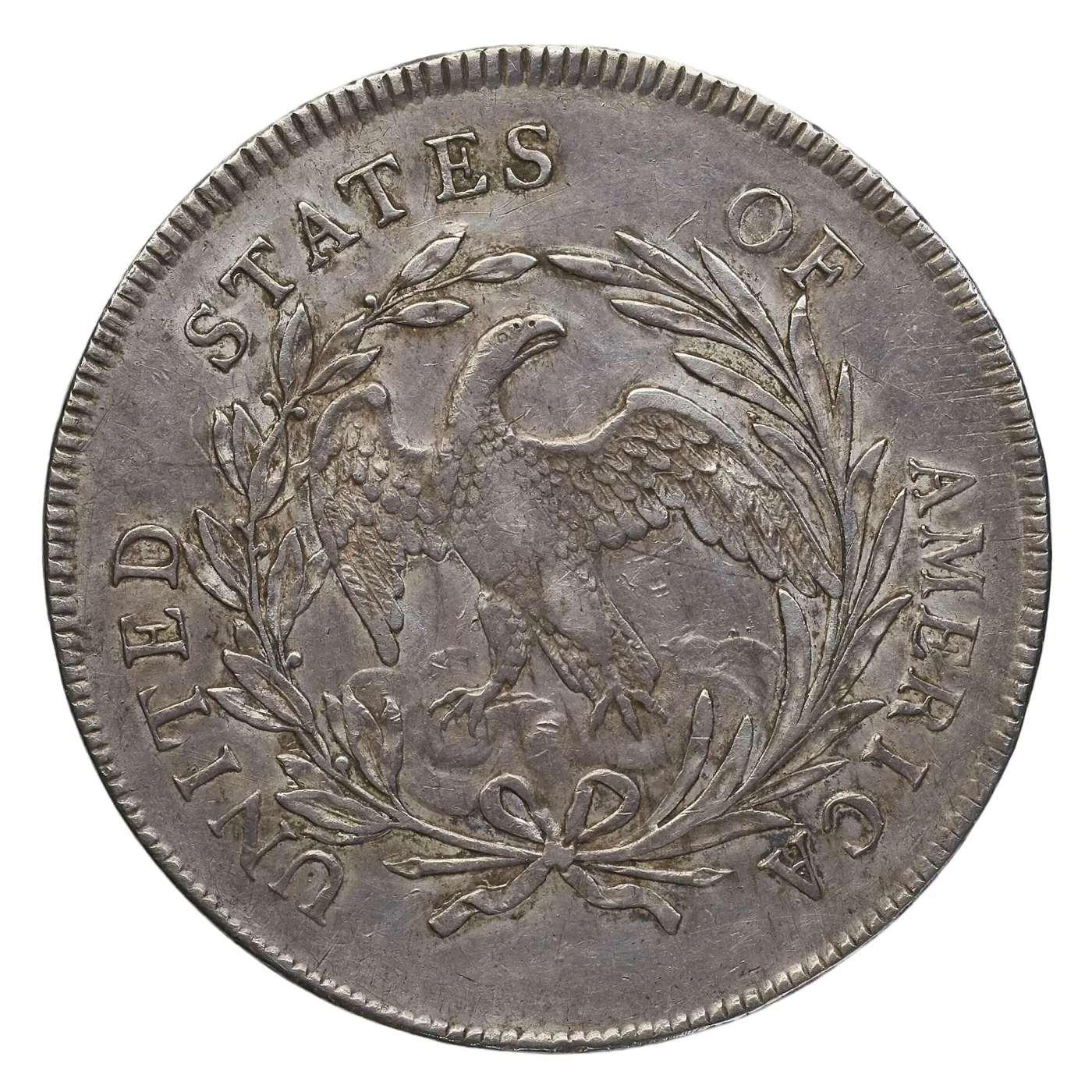 Reverse of a 1795 Flowing Hair dollar showing a small naturalistic eagle inside an open laurel wreath with UNITED STATES OF AMERICA around the rim