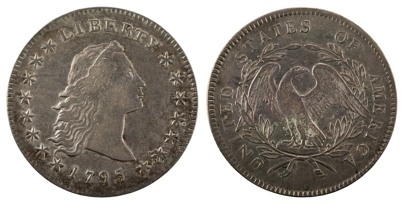 Obverse and reverse of a 1795 Flowing Hair dollar, showing Liberty with loose hair and fifteen stars on one side and a small eagle in an open wreath on the other