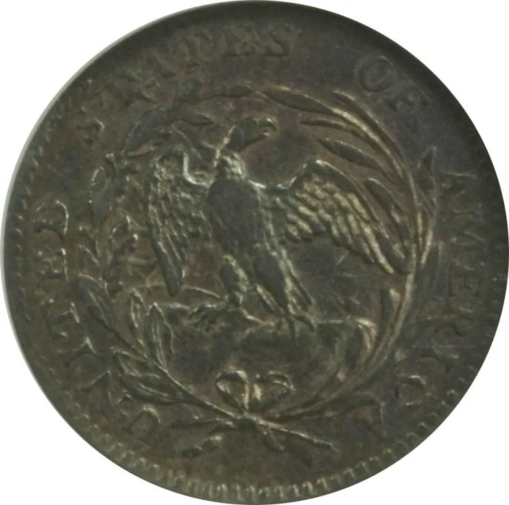 Reverse of a 1796 Draped Bust half dime showing a small eagle within an open wreath and UNITED STATES OF AMERICA around the rim