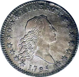 Obverse of a circulated 1795 Flowing Hair half dollar with fifteen stars around the portrait, eight to the left of Liberty's head and seven to the right