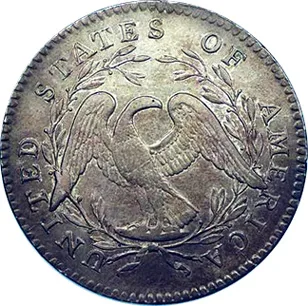 Reverse of the same circulated 1795 Flowing Hair half dollar showing a small eagle inside an open wreath with UNITED STATES OF AMERICA around the rim