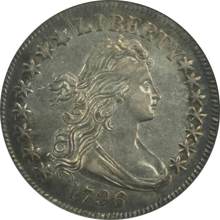 Obverse of a 1796 Draped Bust half dollar showing Liberty with ribbon-tied hair and drapery across the bust, surrounded by fifteen stars