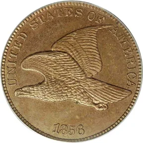 Obverse of an 1856 Flying Eagle cent showing the eagle in flight and the date 1856 below
