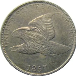Obverse of a circulated 1857 Flying Eagle cent with flattened detail on the eagle's head and tail