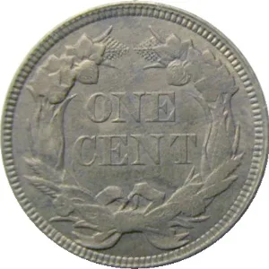 Reverse of a circulated 1857 Flying Eagle cent with the wreath leaves worn smooth while ONE CENT stays bold