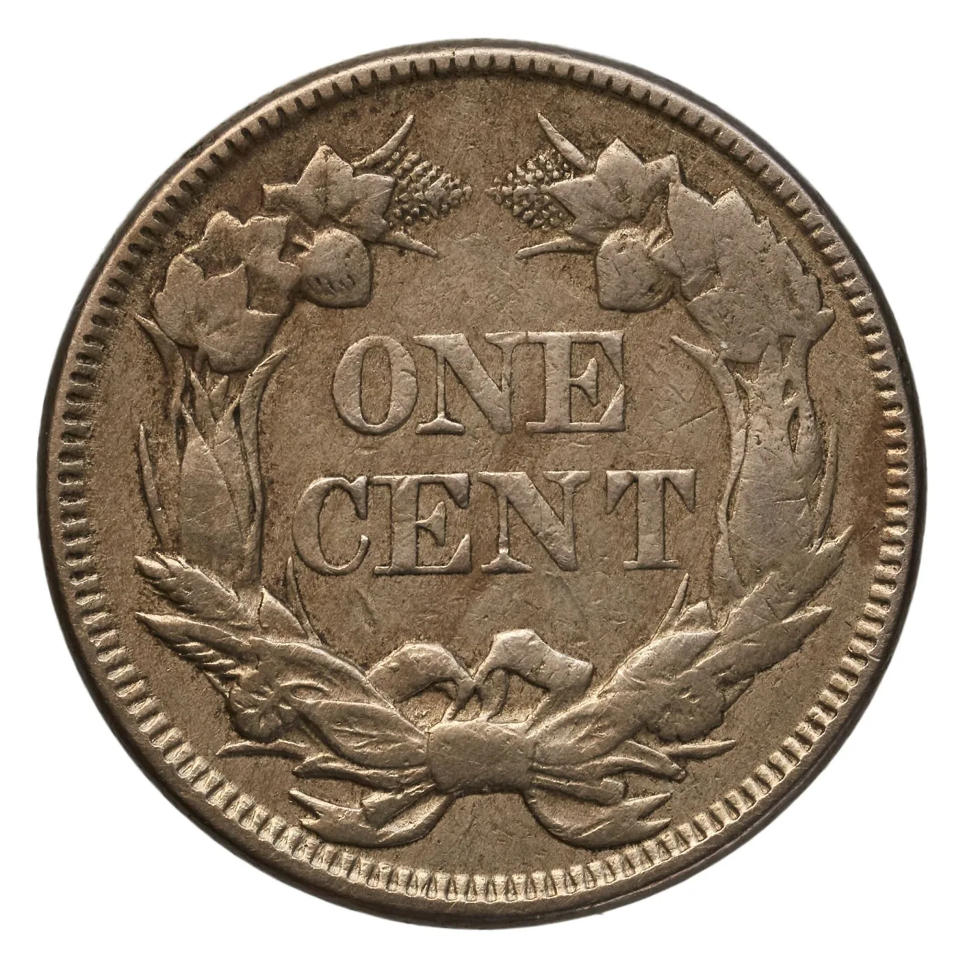 Reverse of the same 1857 Flying Eagle cent showing ONE CENT inside a wreath of corn, wheat, cotton and tobacco tied with a ribbon