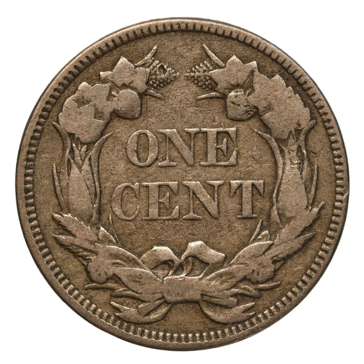 Reverse of an 1858 Flying Eagle cent showing soft detail in the wreath leaves opposite the eagle