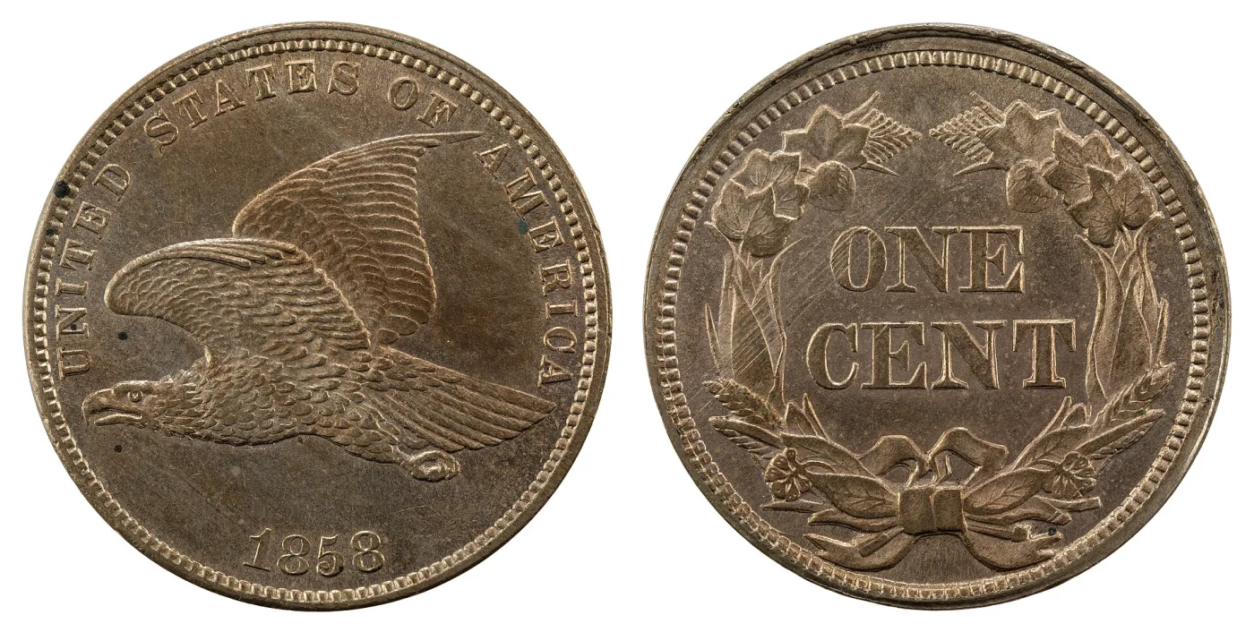 Obverse and reverse of an 1858 Flying Eagle cent side by side, the eagle in flight on the left and ONE CENT inside the agricultural wreath on the right