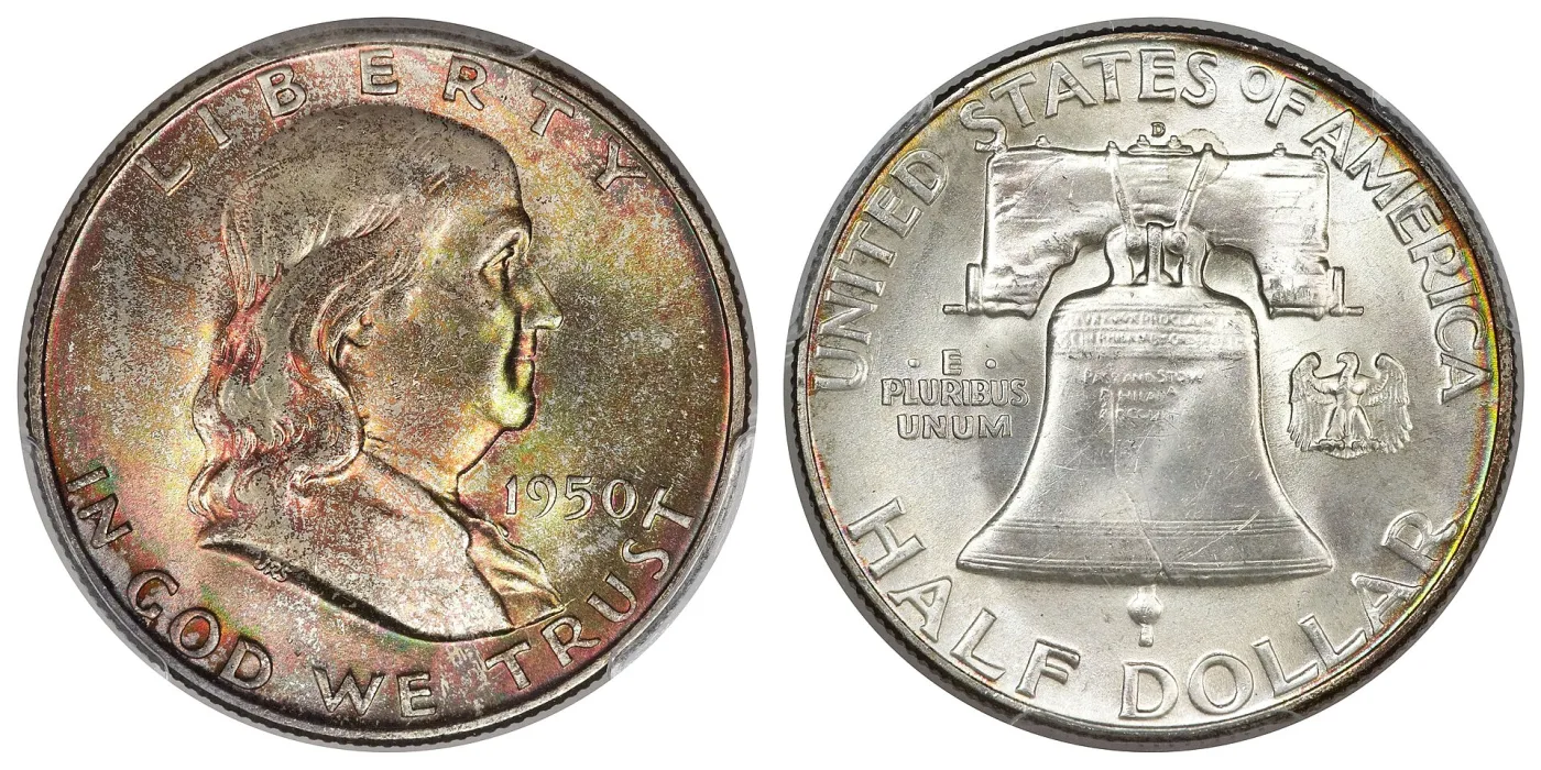 Obverse and reverse of a 1950-D Franklin half dollar side by side, Franklin facing right on the left and the Liberty Bell with a small eagle on the right