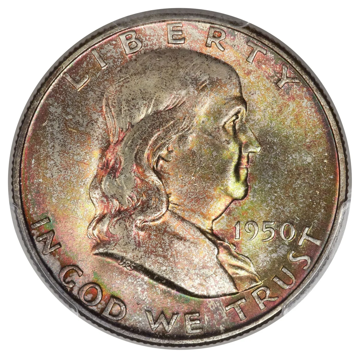 Obverse of a 1950-D Franklin half dollar, the bust facing right with LIBERTY arcing above, the date at the right of the shoulder and IN GOD WE TRUST around the lower rim