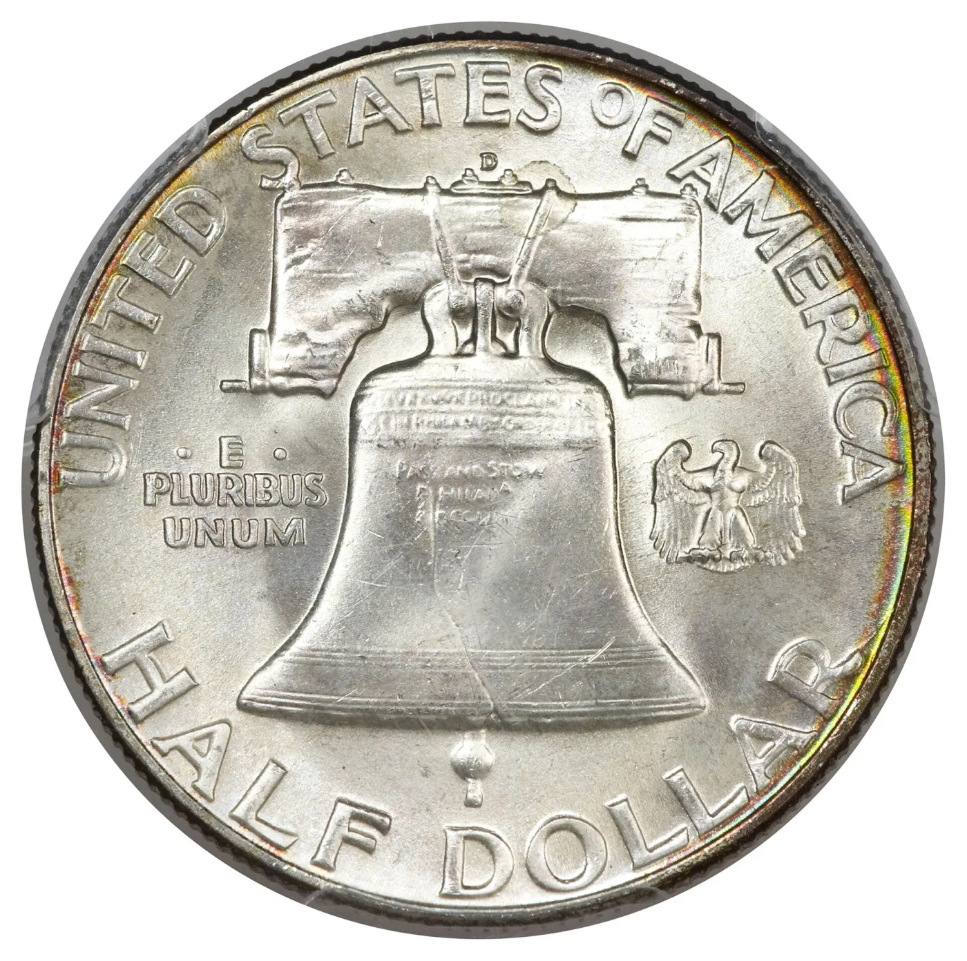 Reverse of a 1950-D Franklin half dollar with Full Bell Lines, the lower bands running unbroken from one side of the bell's base to the other