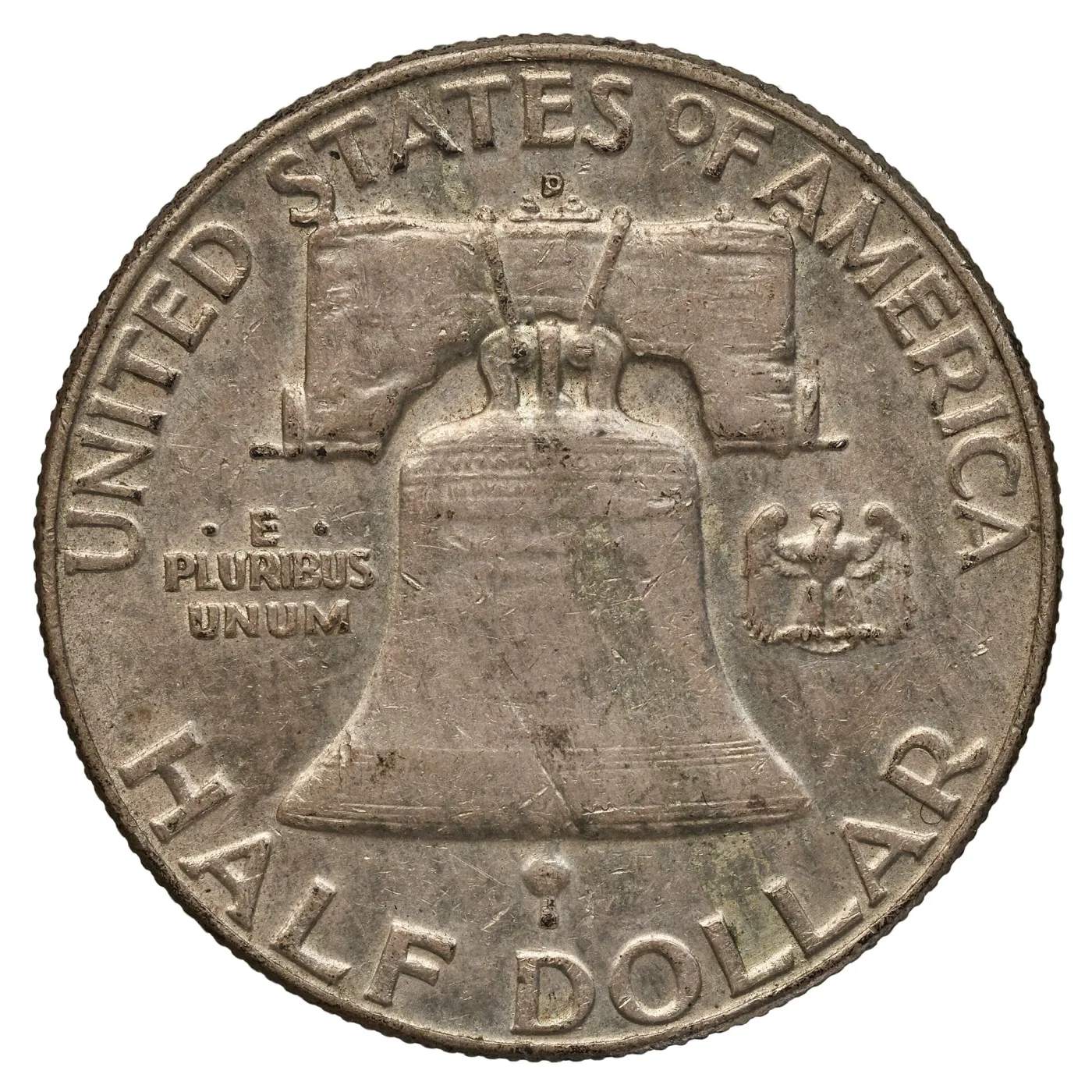 Reverse of a circulated 1962-D Franklin half dollar, the Liberty Bell hanging from its yoke with E PLURIBUS UNUM at the left, a small eagle at the right and a D above the yoke