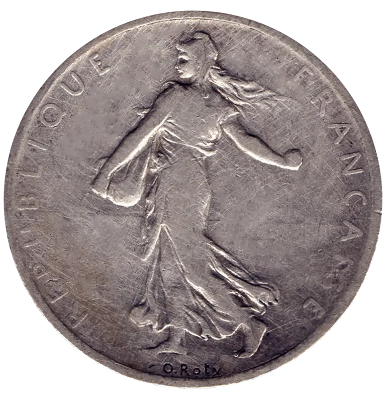 Obverse of a two-franc Semeuse of 1899 with REPUBLIQUE FRANCAISE around the Sower