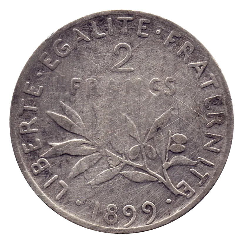 Reverse of a two-franc Semeuse of 1899 with the value, an olive branch and the motto LIBERTE EGALITE FRATERNITE around the rim