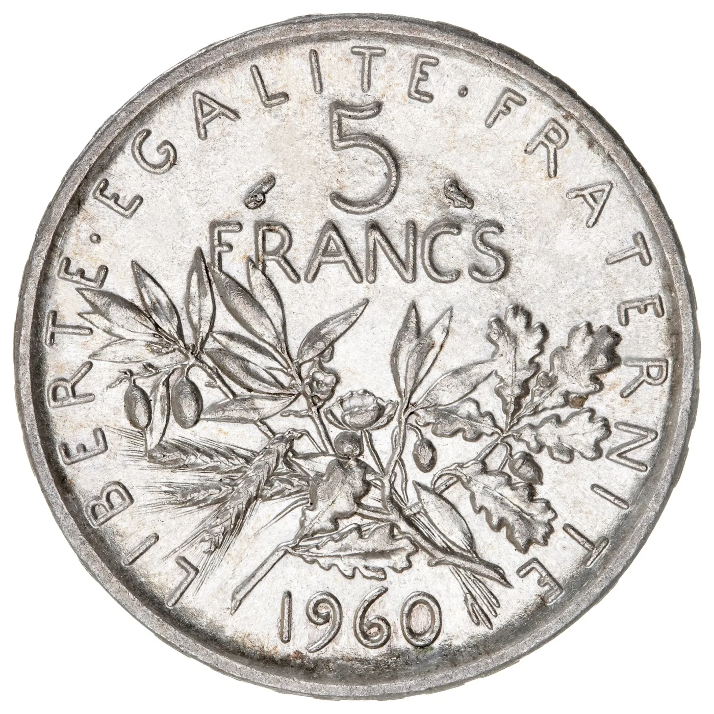 Reverse of a 1960 five-franc Semeuse showing the value 5 FRANCS with a small symbol on each side of the numeral and the date below