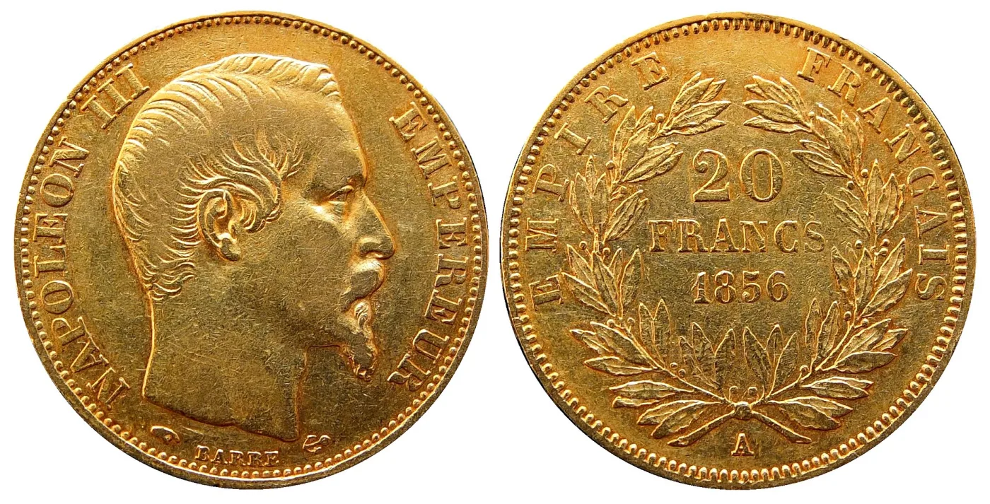 Gold 20 francs of Napoleon III dated 1856 with a single letter A below the wreath on the reverse