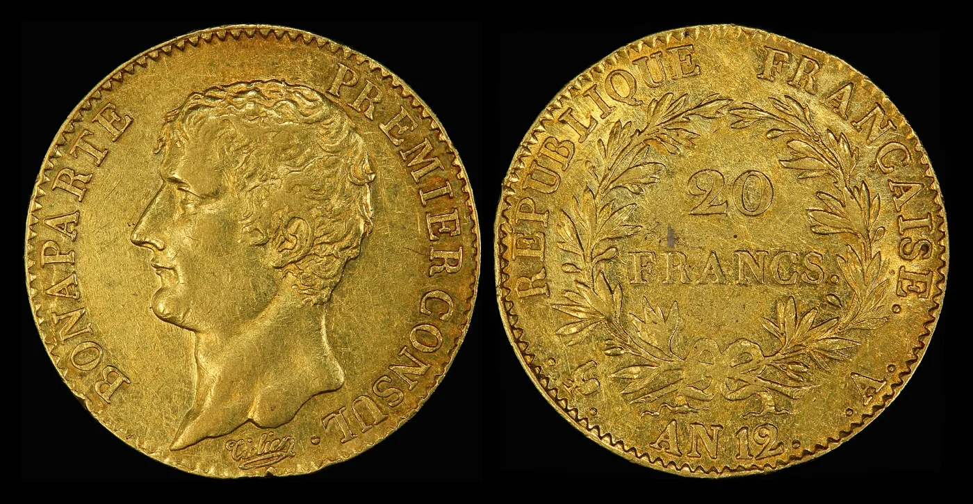 Gold 20 francs of Bonaparte as First Consul, reverse reading REPUBLIQUE FRANCAISE with the date AN 12 below the wreath