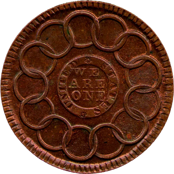 Reverse of a 1787 Fugio cent, thirteen plain interlocking rings around a small central circle reading WE ARE ONE with UNITED STATES around it