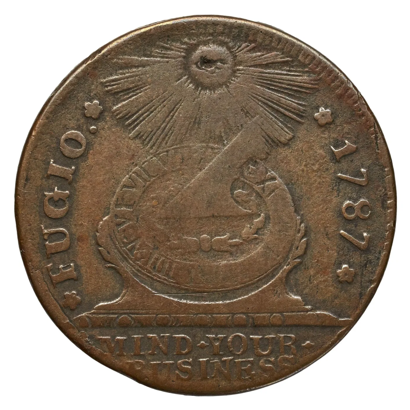 Obverse of a heavily circulated 1787 Fugio cent, the sundial and legends worn but readable, the surface dark and uneven