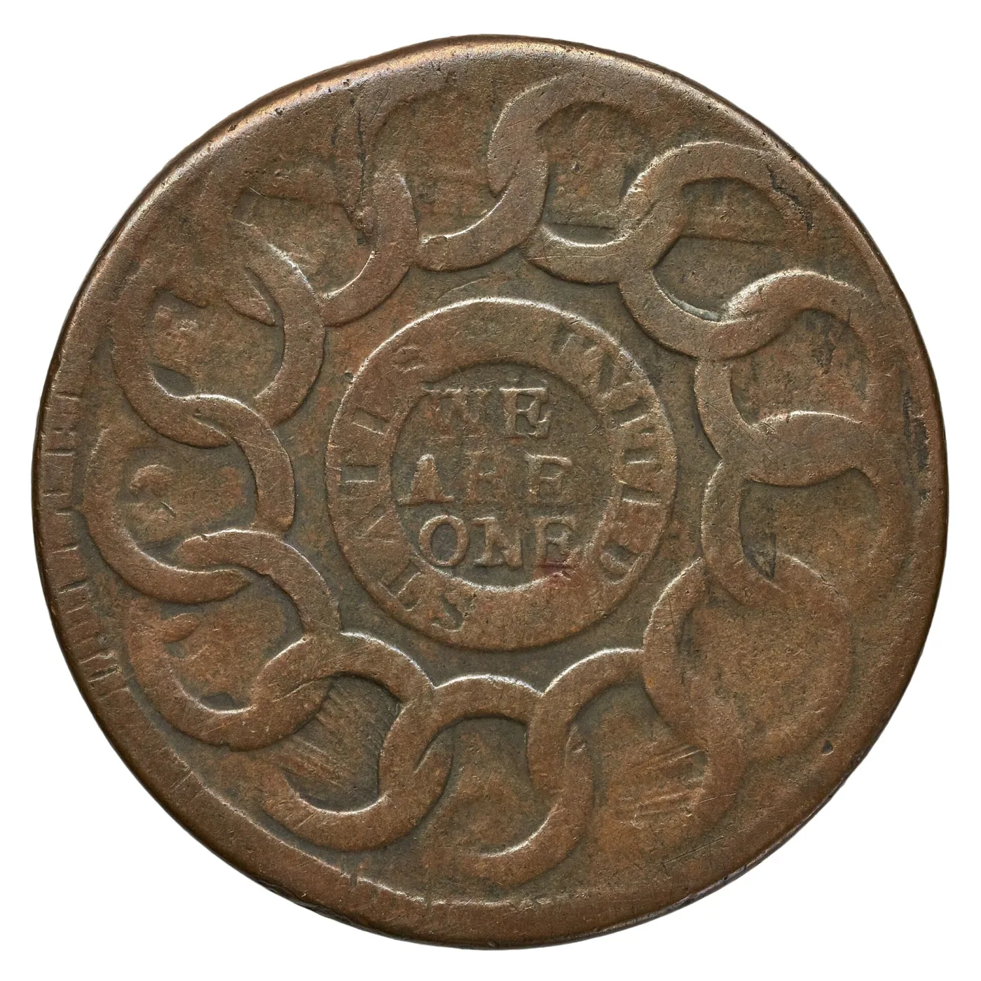 Reverse of the same worn Fugio cent, the thirteen rings visible as raised loops with the central legend faint