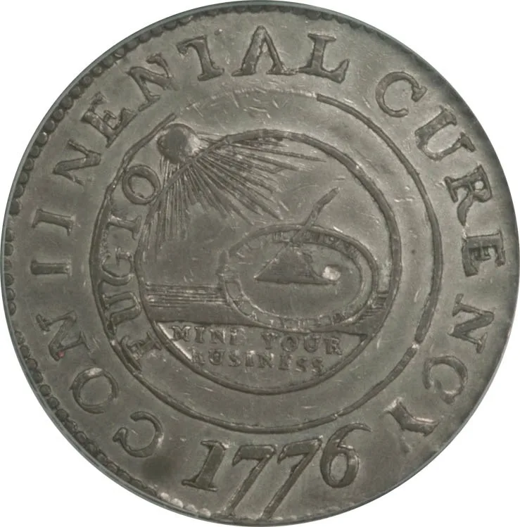 Obverse of a 1776 Continental dollar in pewter, a sundial beneath a radiant sun with FUGIO and MIND YOUR BUSINESS