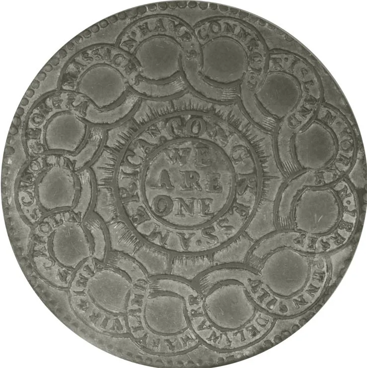 Reverse of the 1776 Continental dollar, thirteen linked rings each inscribed with the name of a state, around a centre reading AMERICAN CONGRESS and WE ARE ONE