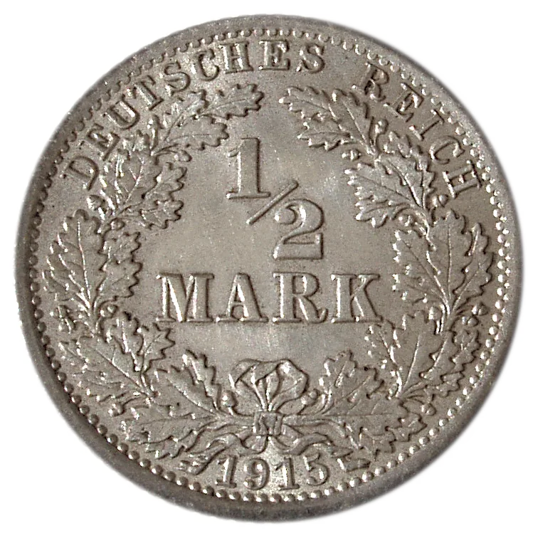 Side of a 1915 German Empire half mark showing the value one half MARK inside an oak wreath, DEUTSCHES REICH around the rim and the date below