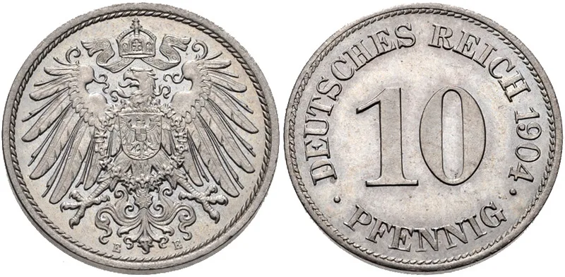 Both sides of a 1904 German Empire 10 pfennig, the eagle side with a small letter E in the field below the eagle and the other side reading DEUTSCHES REICH 1904 10 PFENNIG