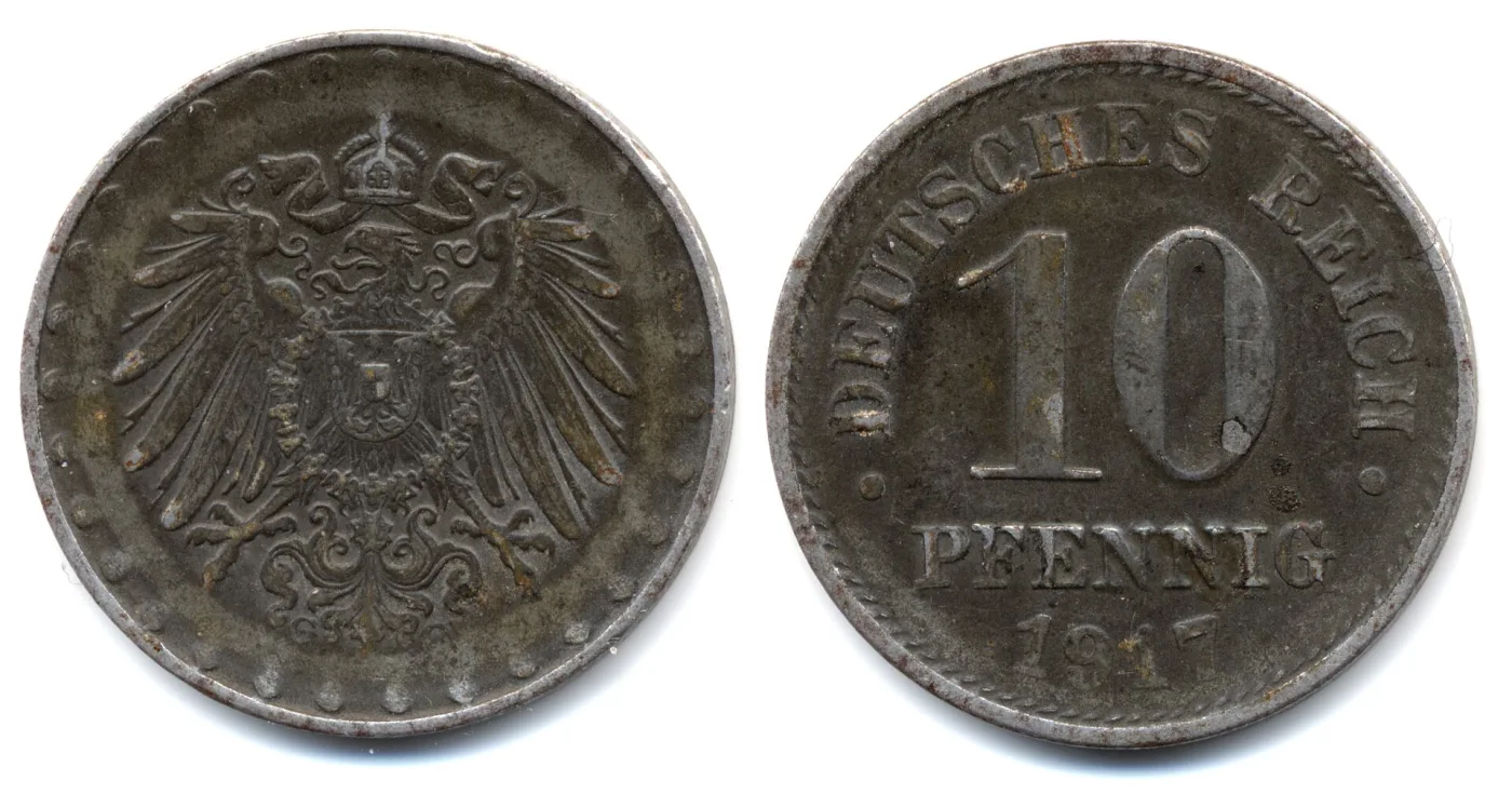 Both sides of a corroded 1917 German 10 pfennig in base metal, one side with the crowned imperial eagle and the other reading DEUTSCHES REICH 10 PFENNIG 1917