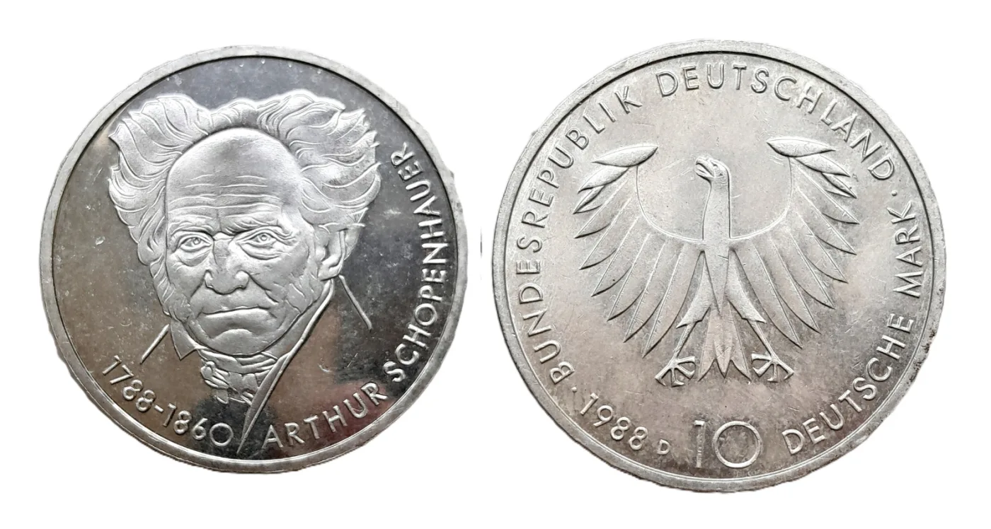 Both sides of a 1988 West German 10 Deutsche Mark silver commemorative, one side a portrait of Arthur Schopenhauer and the other a federal eagle with the legend BUNDESREPUBLIK DEUTSCHLAND and the date 1988 followed by D