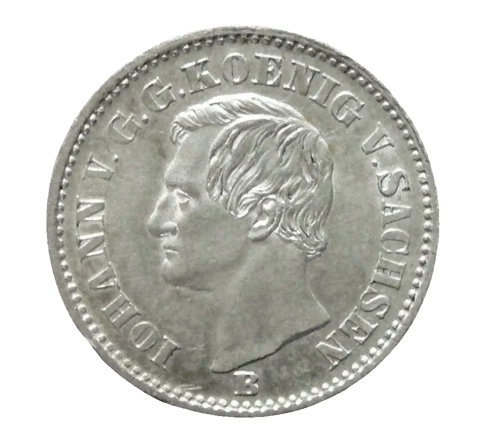 Obverse of an 1871 Saxon double neugroschen with a left-facing bust and the legend JOHANN V G G KOENIG V SACHSEN, a letter B below the truncation