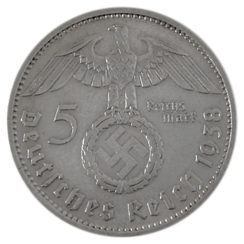 A 1938 German 5 Reichsmark showing a spread-winged eagle standing on a wreath that encloses a swastika, with 5 at the left and DEUTSCHES REICH 1938 around the rim