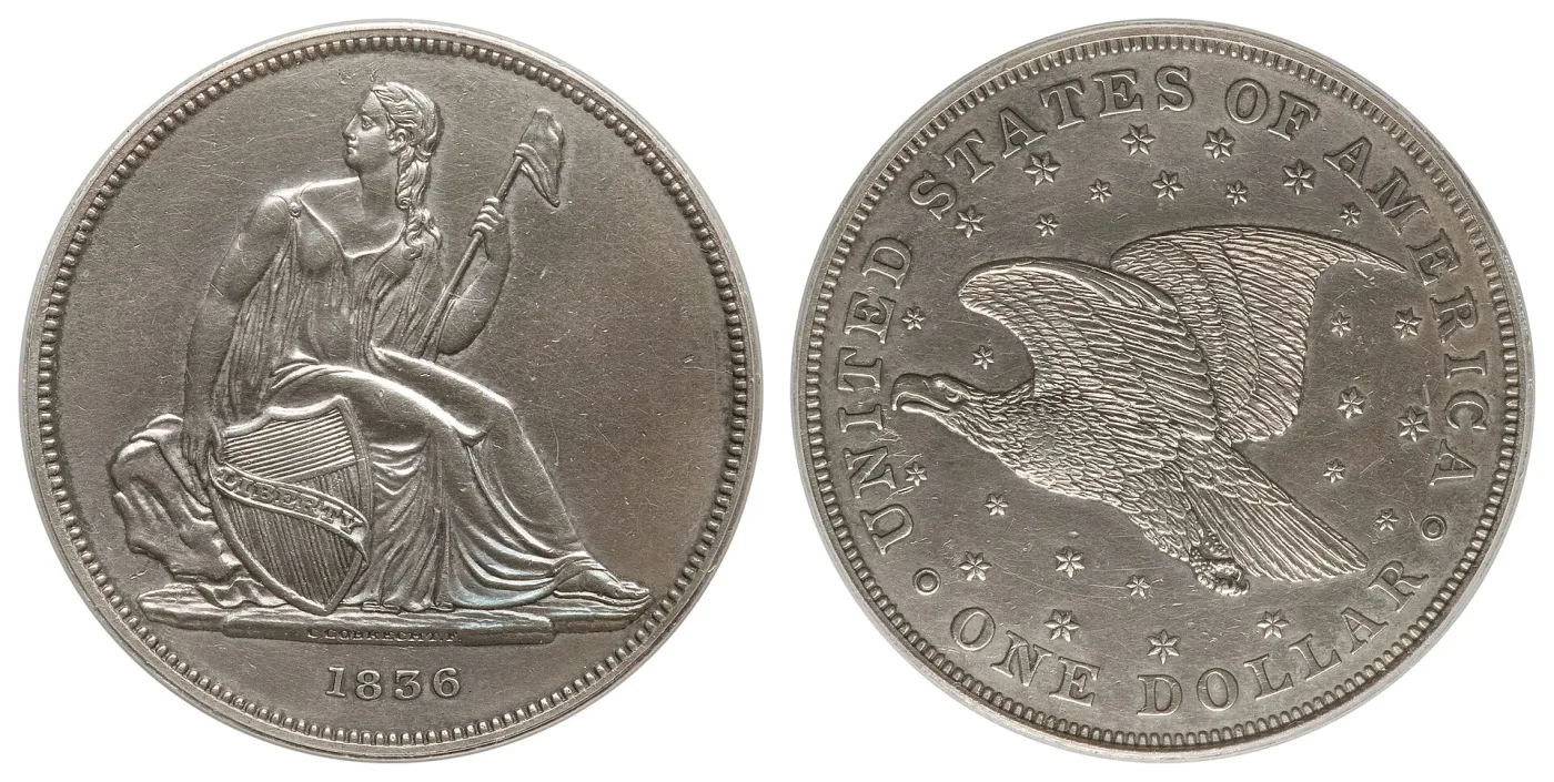 Obverse and reverse of an 1836 Gobrecht dollar, showing Liberty seated with a shield and pole on one side and an eagle in flight on the other