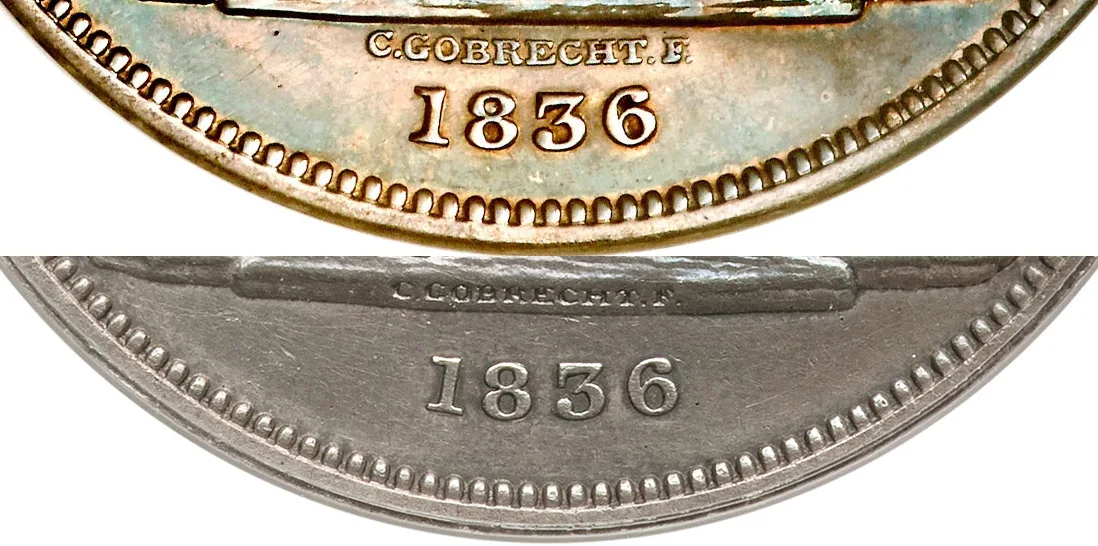 Two magnified crops of 1836 Gobrecht dollars stacked one above the other, each showing C. GOBRECHT F. and the date but with the lettering at a different height relative to the base line