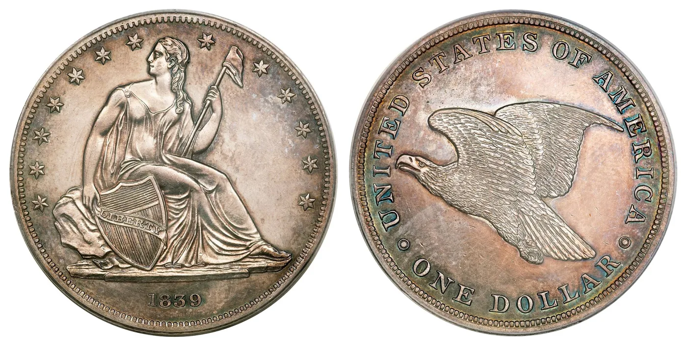 Obverse and reverse of an 1839-dated Gobrecht dollar restrike, with stars on the obverse and a plain reverse field